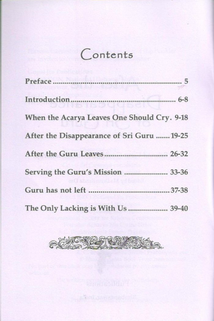 After Disappearance Of Sri Guru — Contents page 1