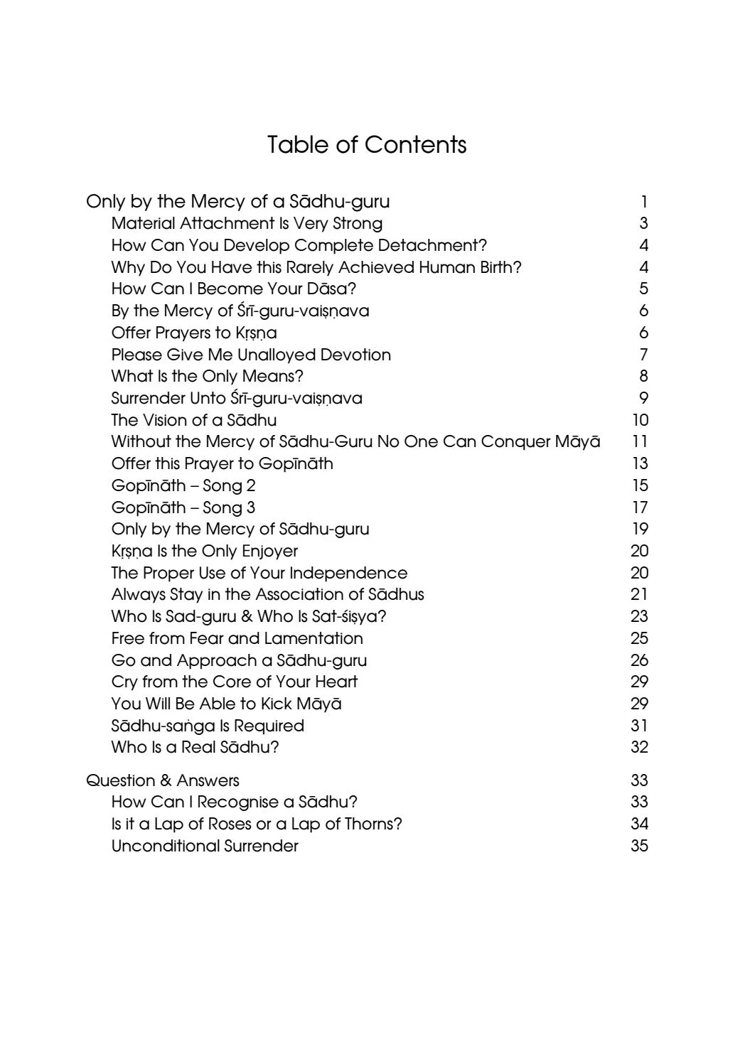 Only by Mercy of a Sadhu — Contents page 1