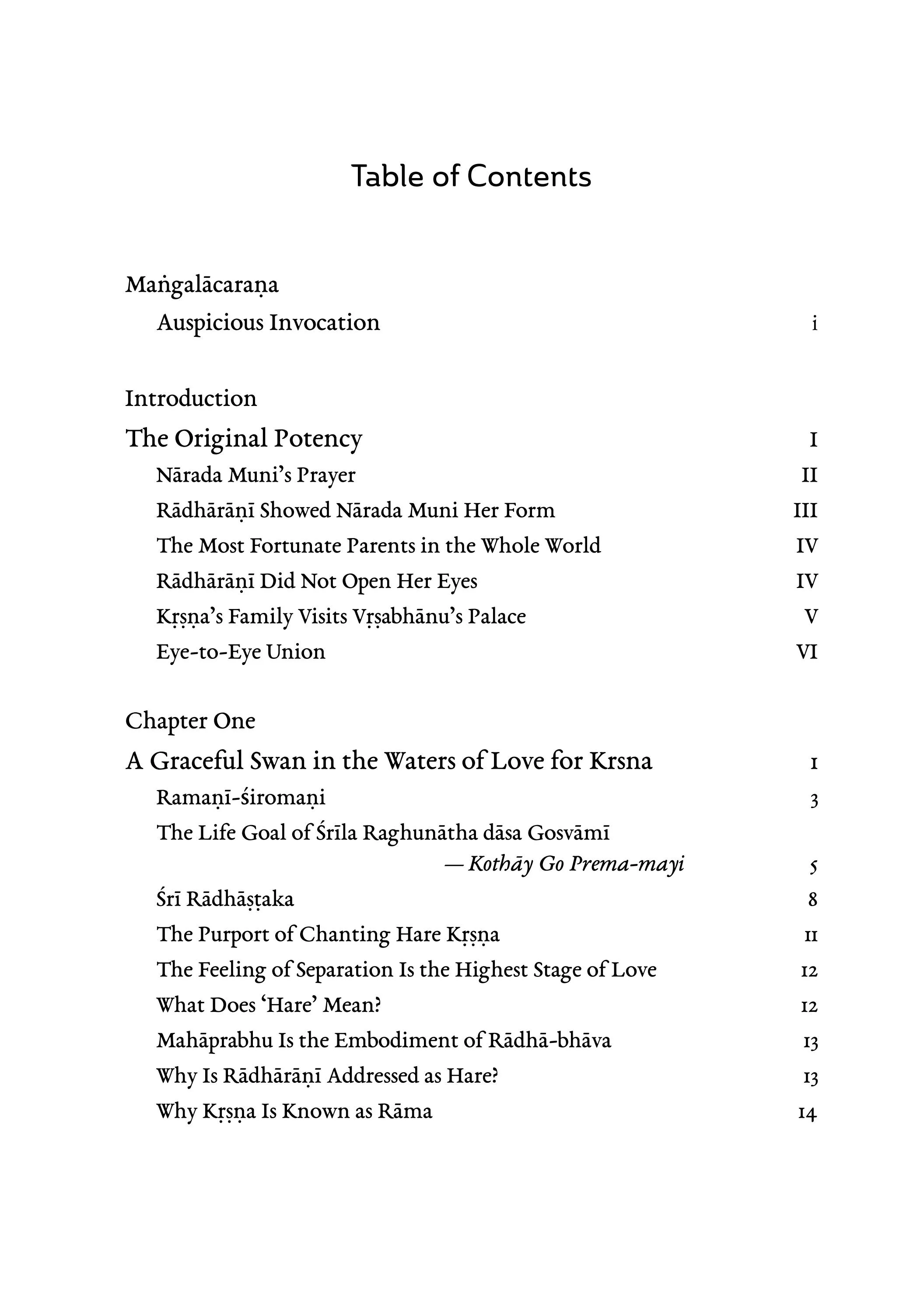 Sri Radha Vol ii — Contents page 1