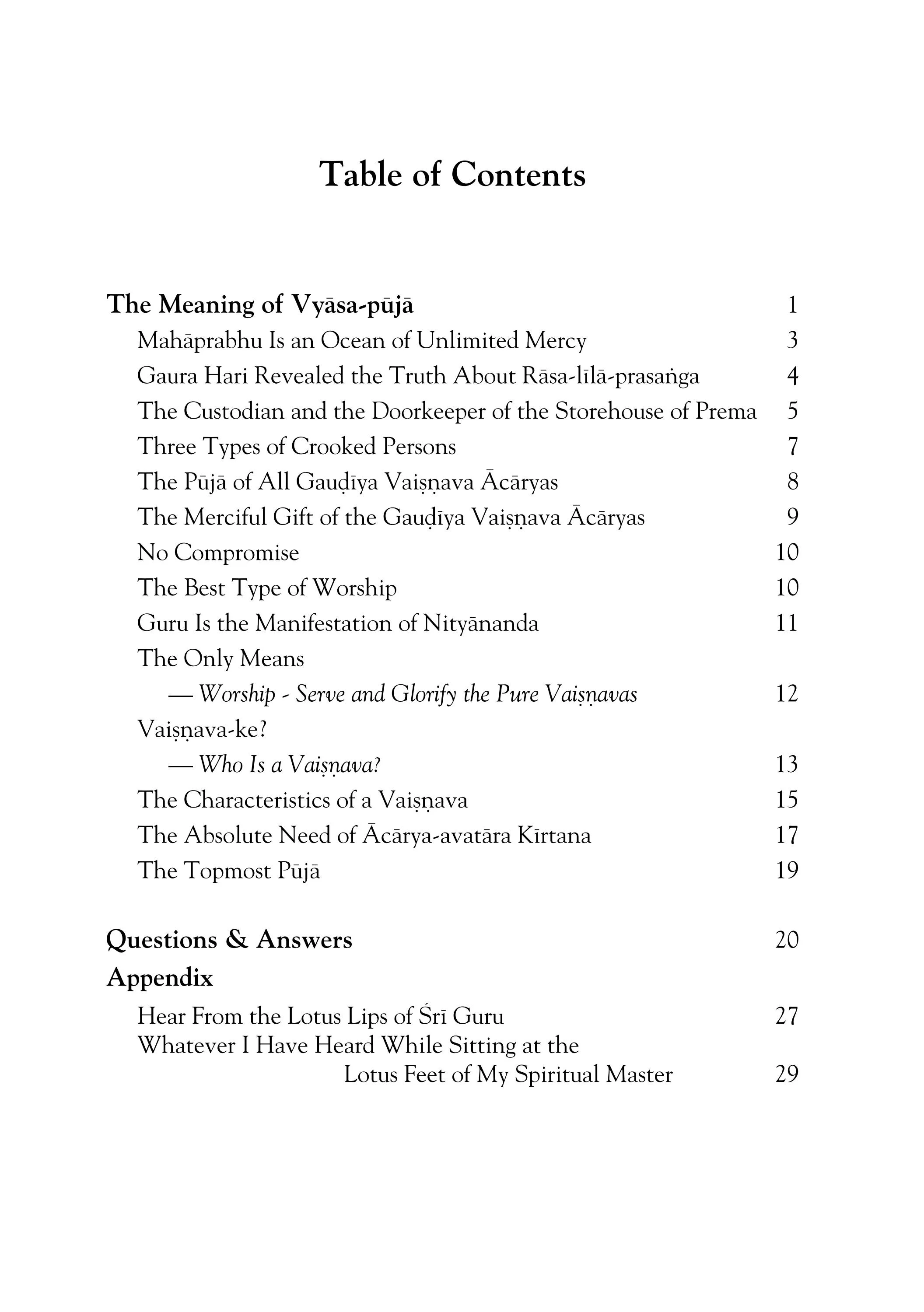The Meaning of Vyas Puja Booklet — Contents page 1