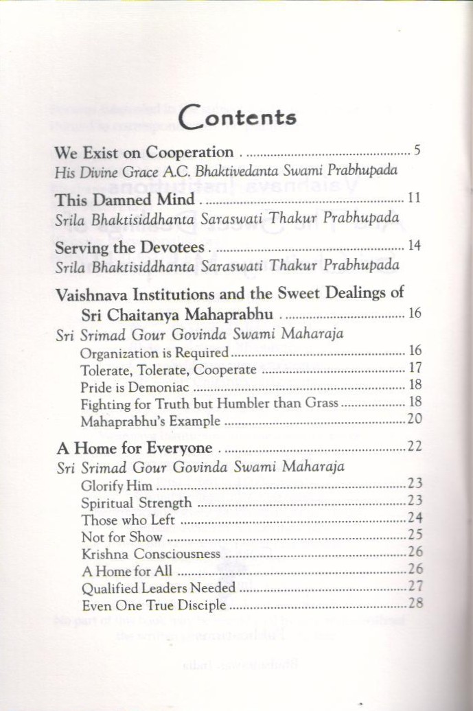 Vaisanav Institution — Contents page 1