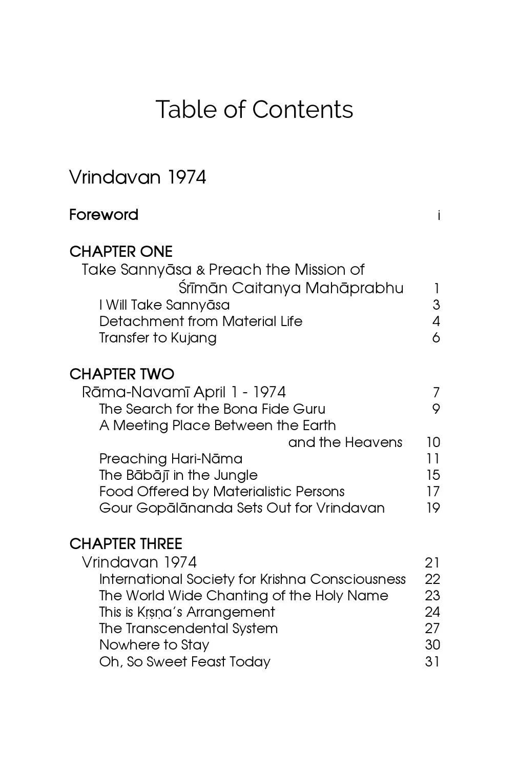 Vrindavan 1975 — Contents page 1